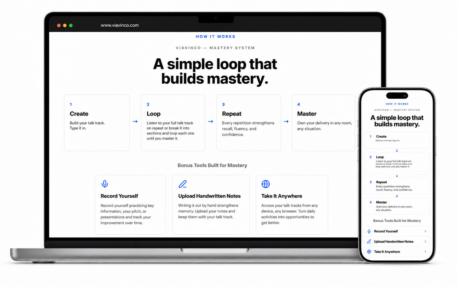 ViaVinco Create, Loop, Repeat, Master workflow shown on laptop and mobile