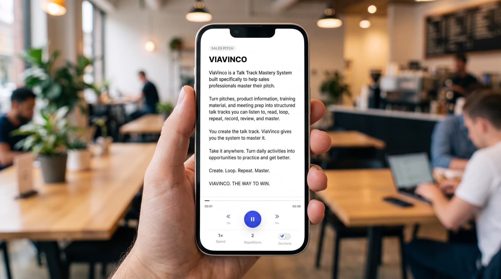 ViaVinco talk track player used between calls in a cafe