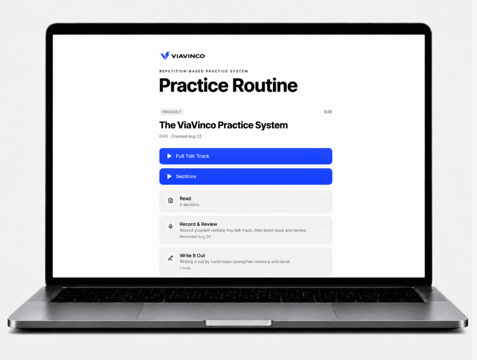 ViaVinco Practice Routine shown on a laptop