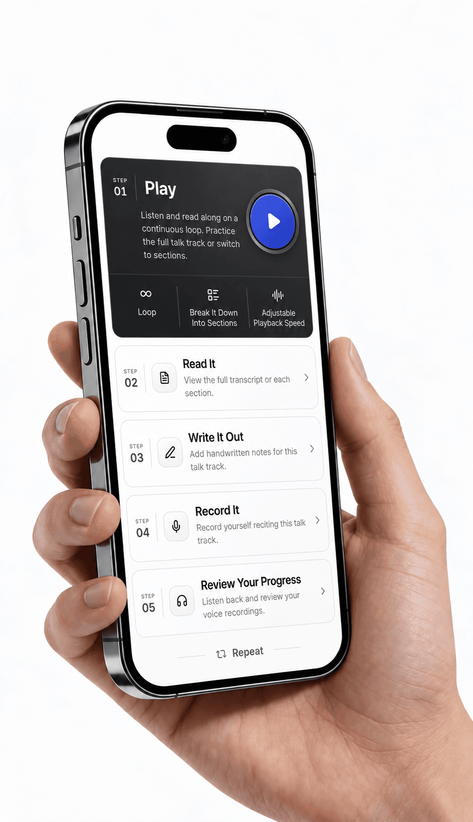 A hand holding a phone displaying the ViaVinco practice system